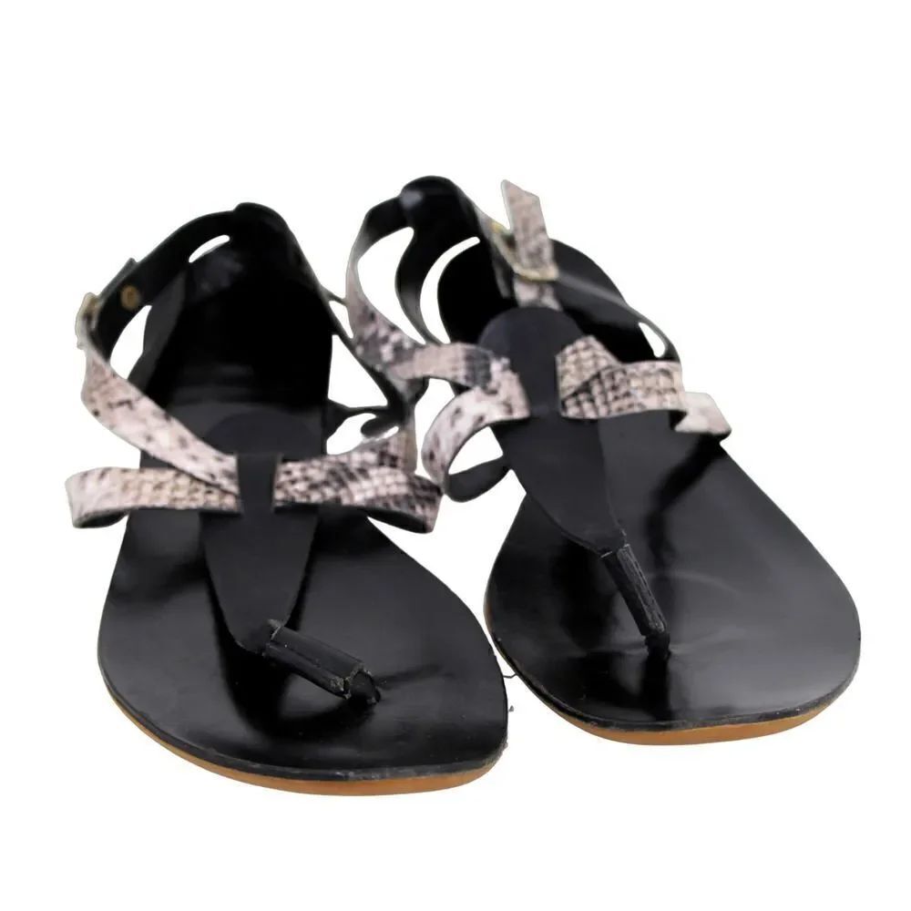A.Gianetti ITALY GRAY BLACK GENUINE LEATHER STRAPPY FLAT SANDALS SHOES Size 9.5